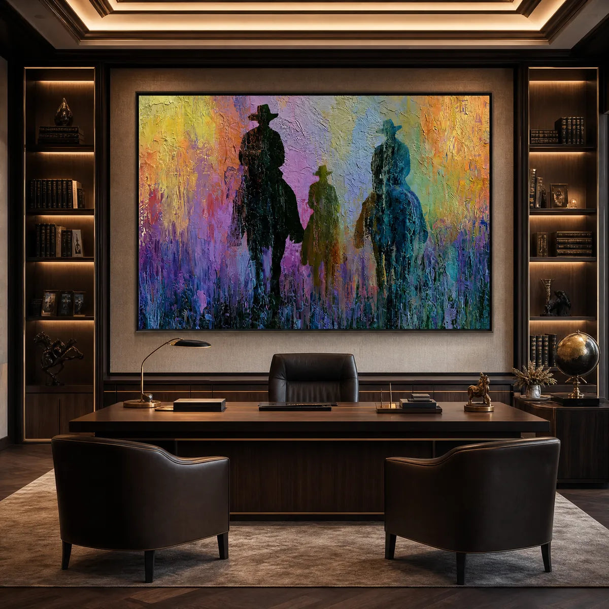 Twilight Posse: Textured Cowboy & Horse Oil Painting Wall Art