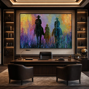 Textured cowboy and horse oil painting wall art in a luxury office