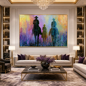 Textured abstract cowboy and horse oil painting wall art in a luxury living room
