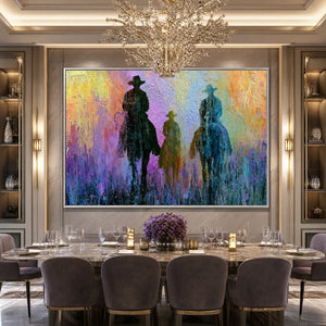 Textured oil painting of three cowboys on horseback in colorful twilight wall art