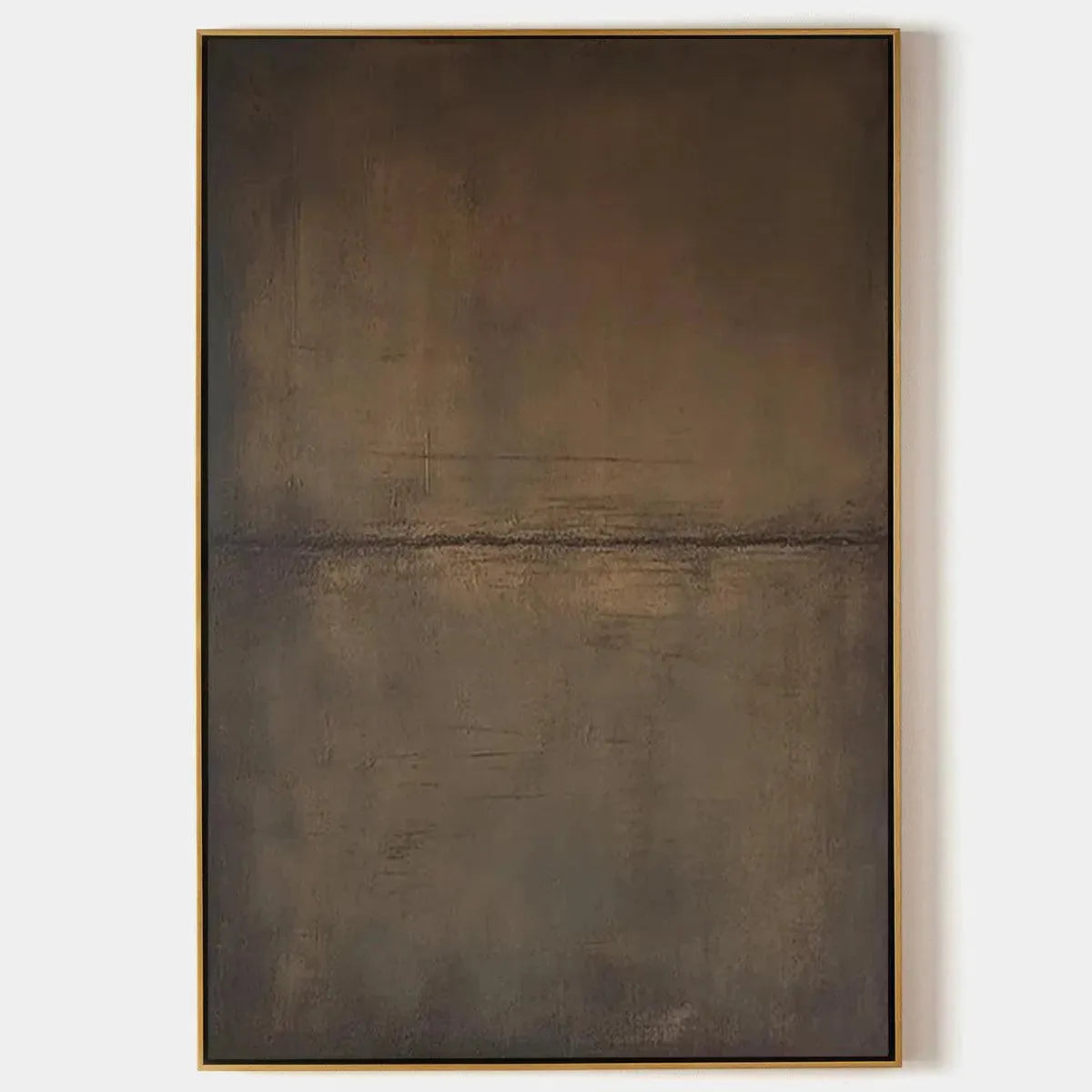 Umber Abstract Landscape painting by Liam O'Connell. Minimalist artwork with earthy tones, vertical canvas in a gold frame.