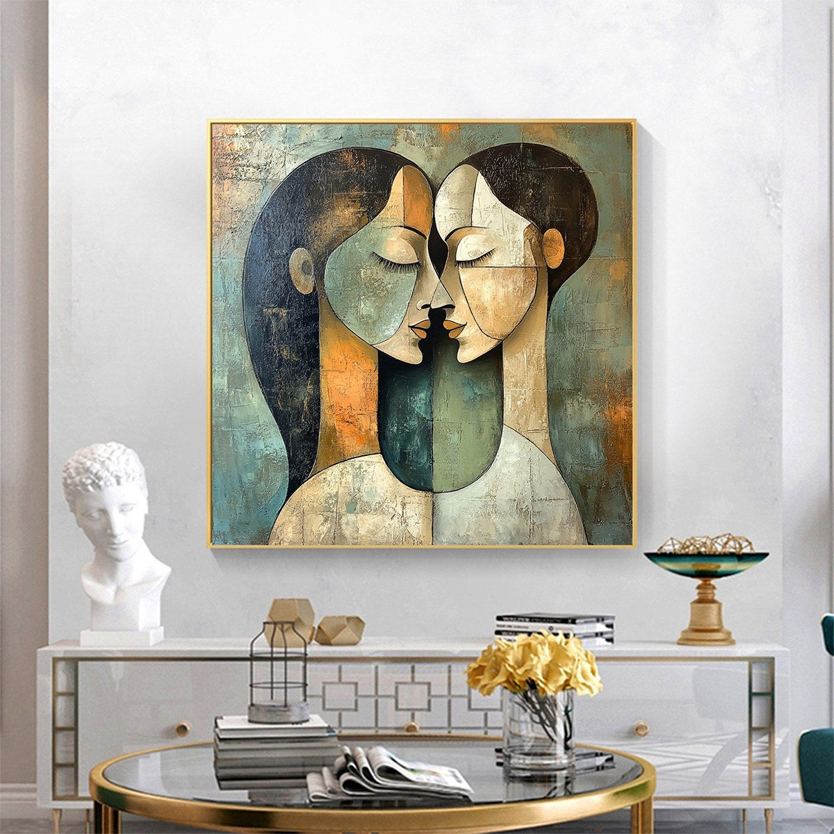 Unity: Original Textured Abstract Portrait Oil Painting - Figurative Square Wall Art Couple Connection