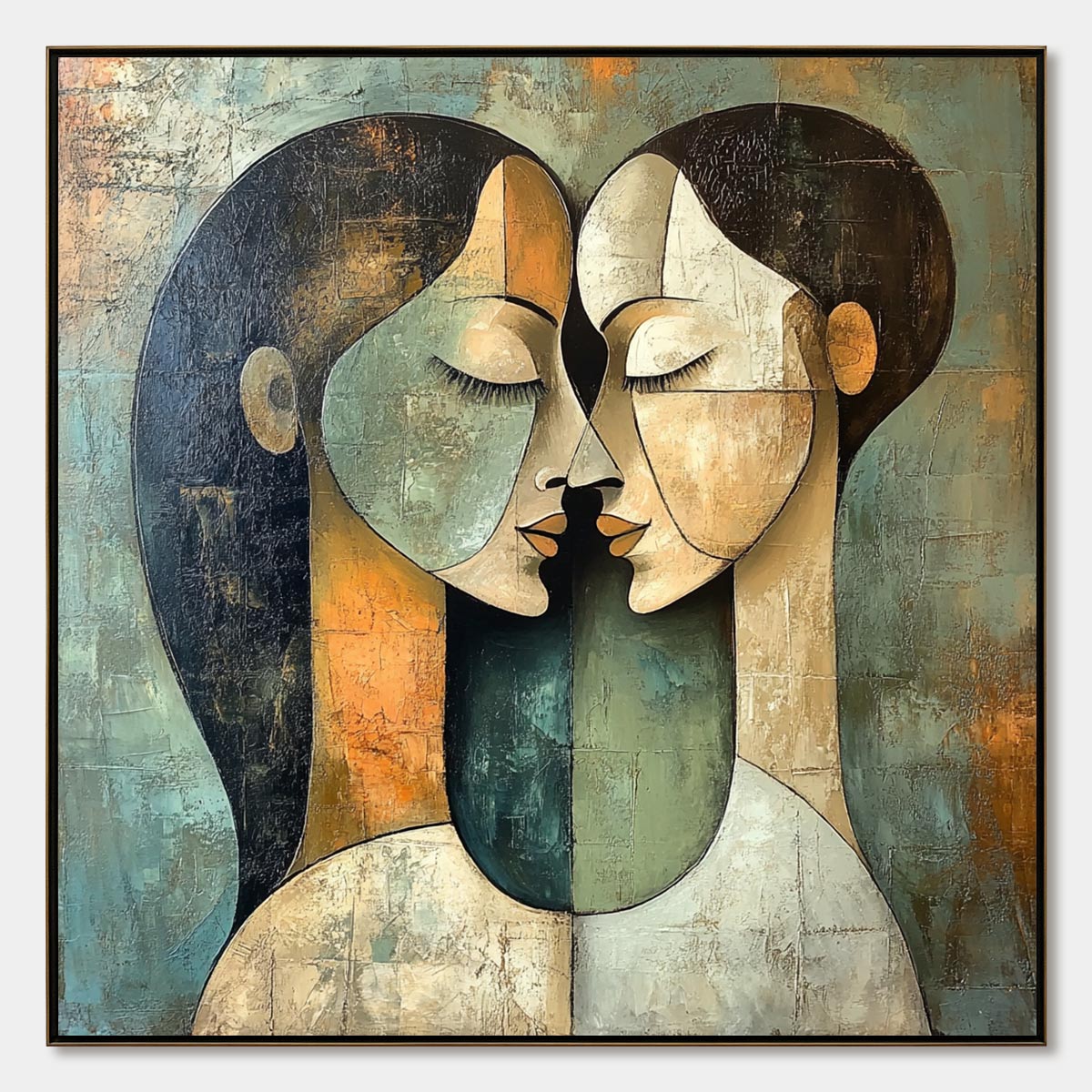Unity: Original Textured Abstract Portrait Oil Painting - Figurative Square Wall Art Couple Connection