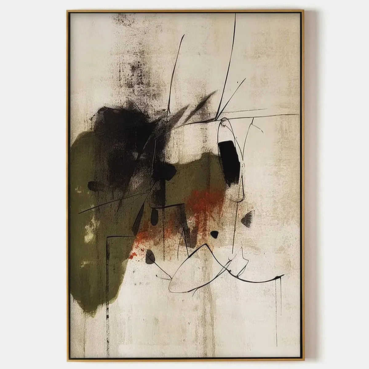 Liam O'Connell's "Untitled Abstract" minimalist painting, vertical wall art with earthy tones and gold frame