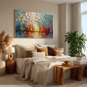 URBAN BLOSSOM: Textured Palette Knife Cityscape Reflection Painting
