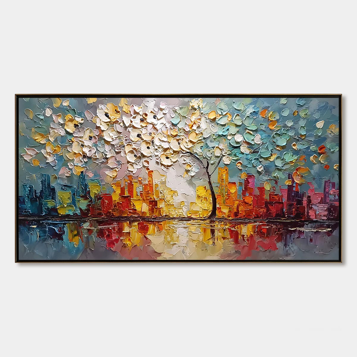URBAN BLOSSOM: Textured Palette Knife Cityscape Reflection Painting