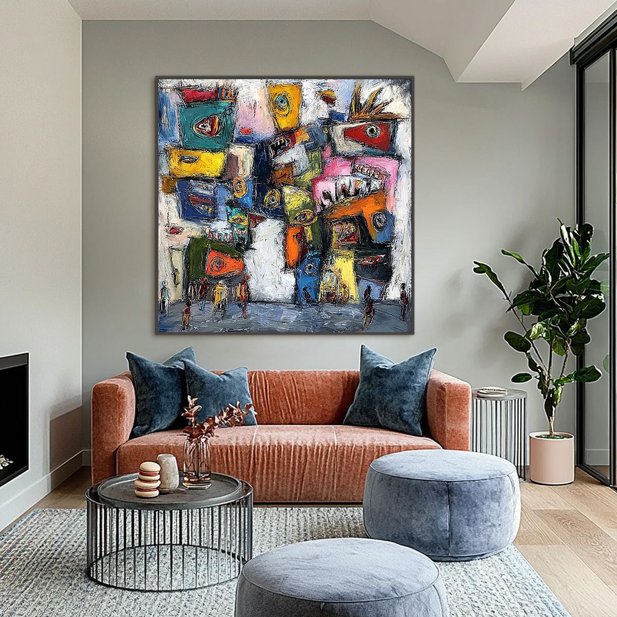 URBAN CARNIVAL: Large Colorful Textured Abstract Cityscape Painting