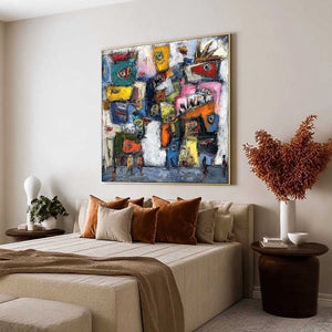 URBAN CARNIVAL: Large Colorful Textured Abstract Cityscape Painting