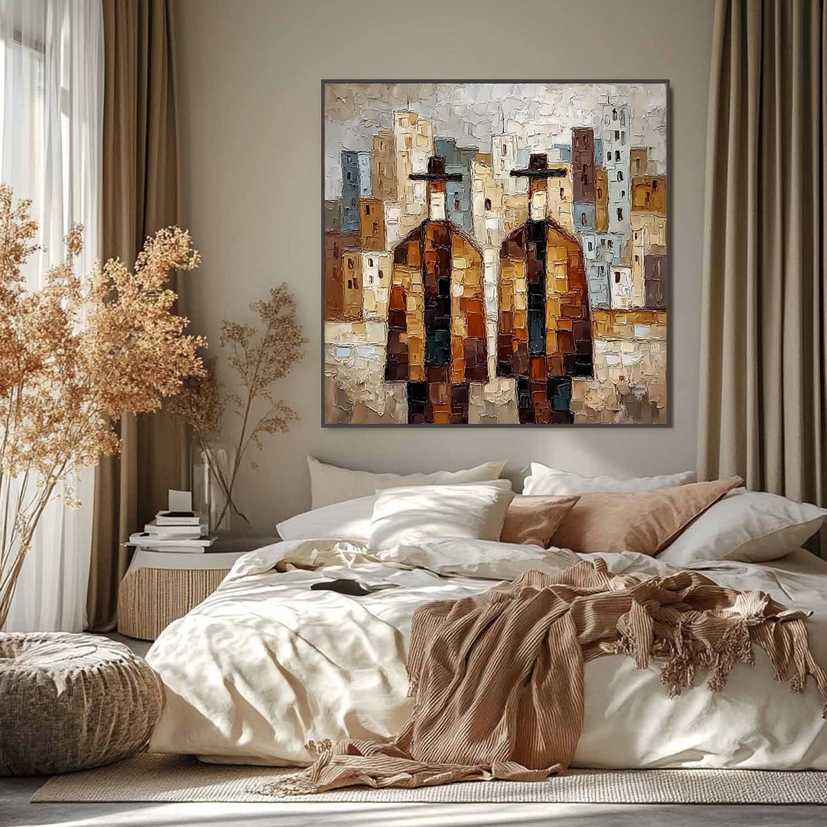 URBAN COMPANIONS: Textured Figurative Cityscape Palette Knife Painting