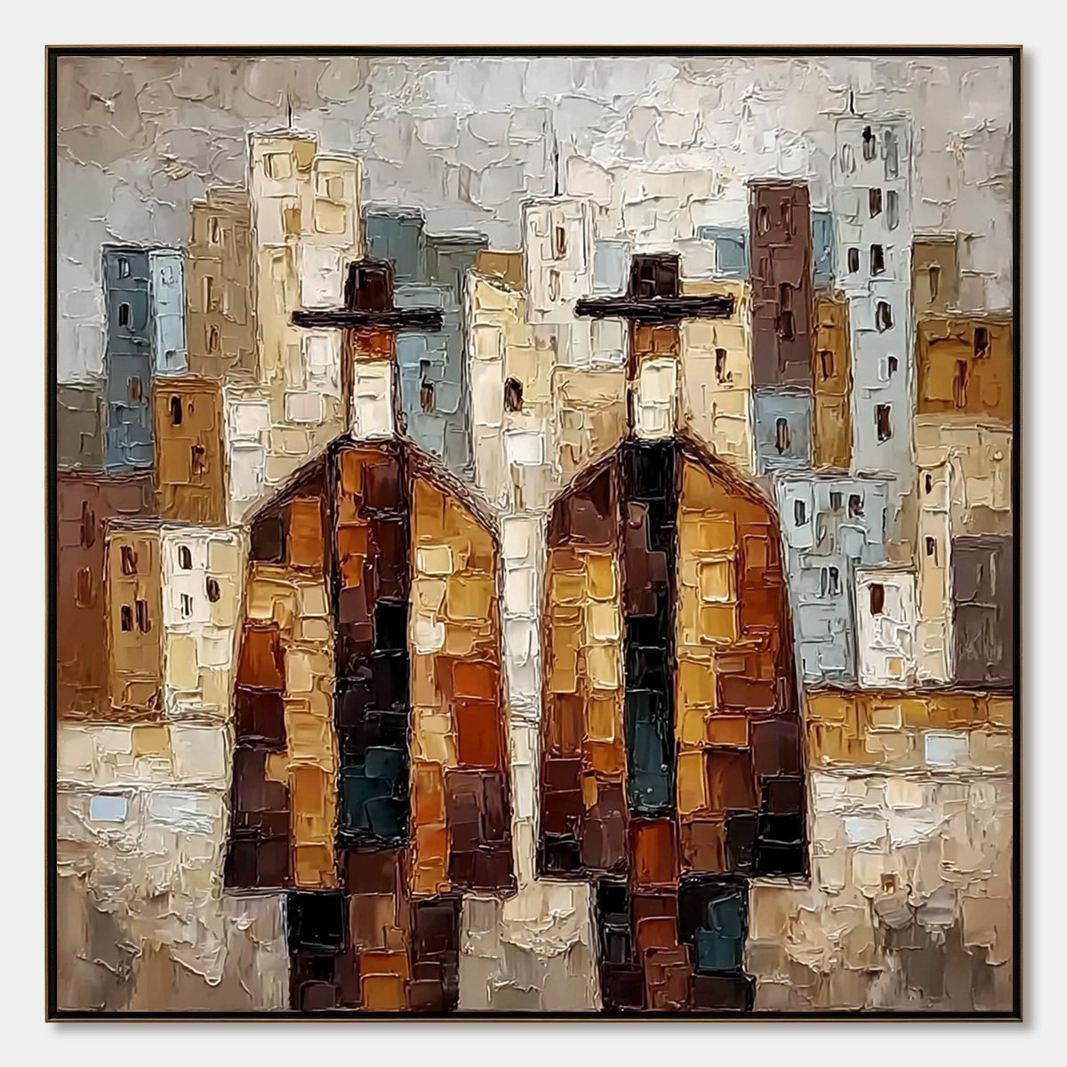 URBAN COMPANIONS: Textured Figurative Cityscape Palette Knife Painting