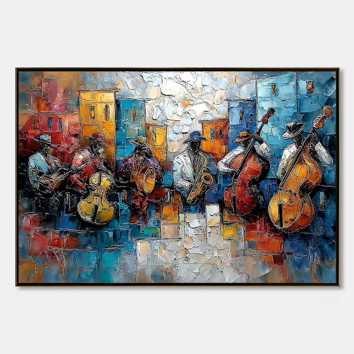 Urban Melody: Textured Jazz Band Oil Painting for Wall Art