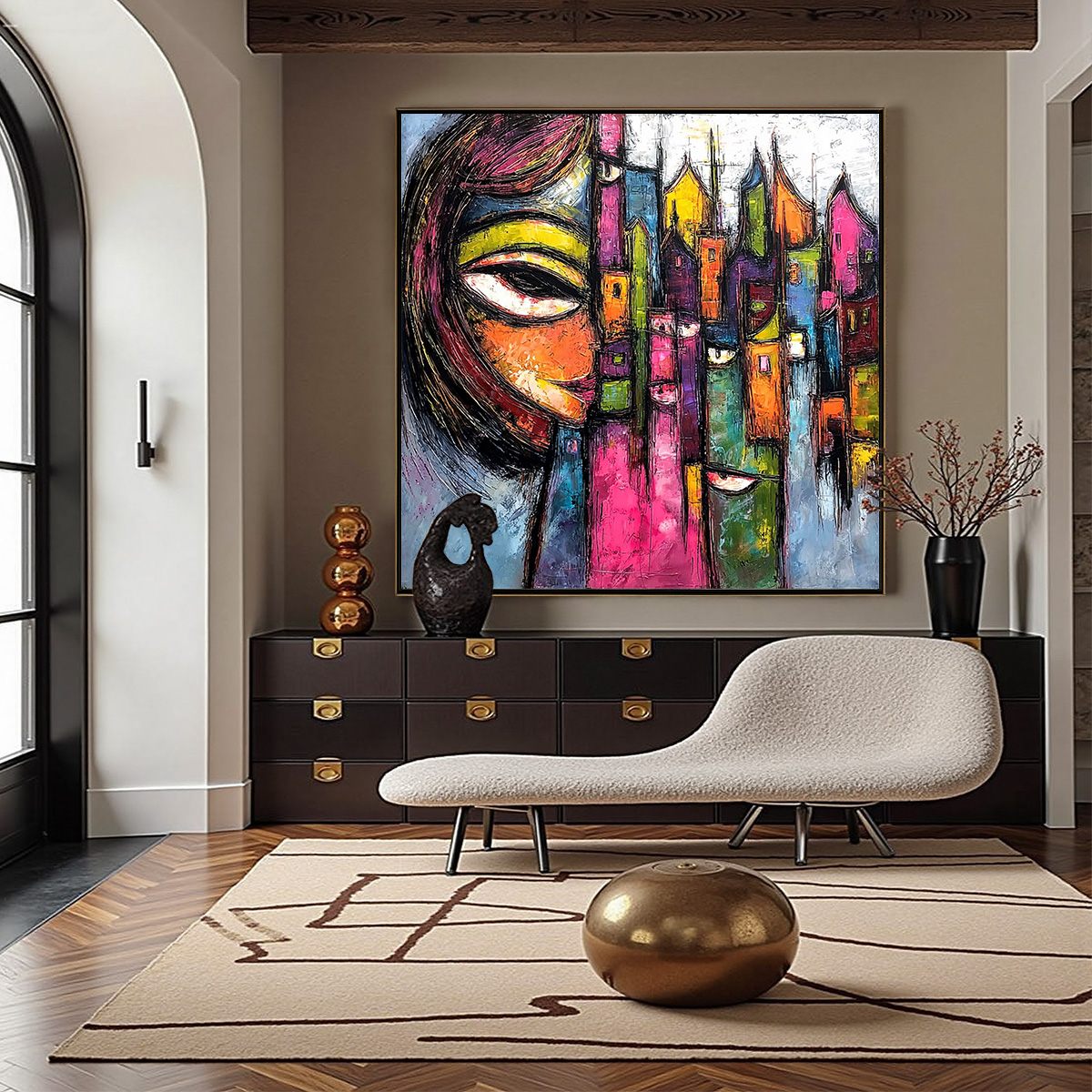 URBAN MUSE: Large Colorful Abstract Portrait and Cityscape Painting