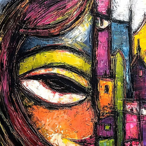 URBAN MUSE: Large Colorful Abstract Portrait and Cityscape Painting
