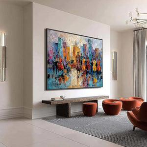 URBAN SERENADE: Textured Palette Knife Painting of City Musicians