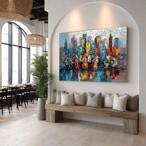 URBAN SERENADE: Textured Palette Knife Painting of Jazz Musicians and Cityscape
