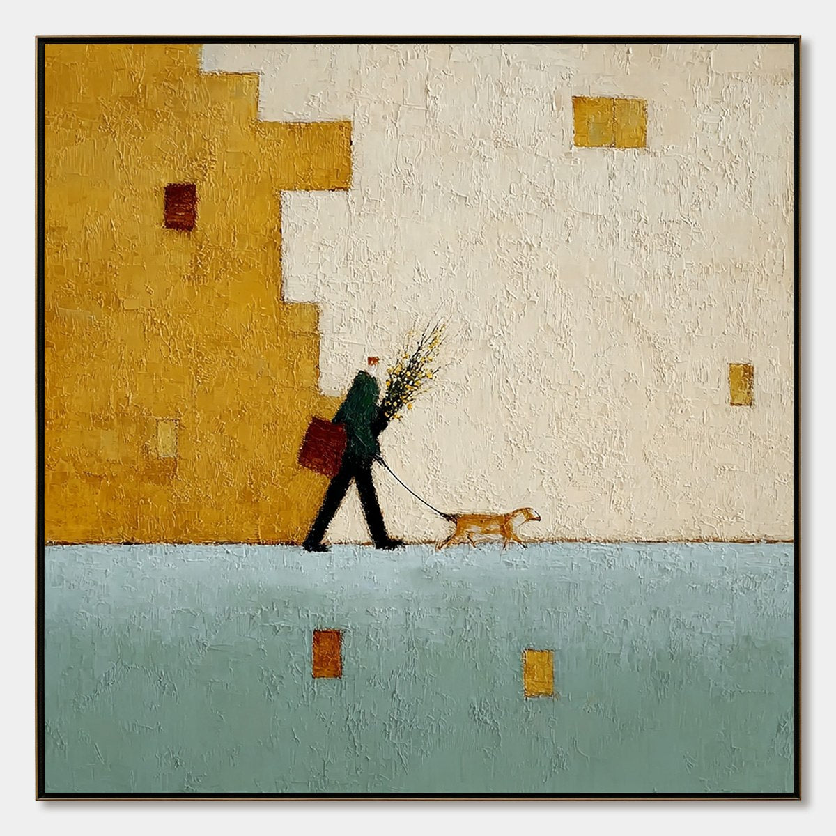 URBAN STROLL: Textured Minimalist Cityscape Painting of a Person Walking a Dog