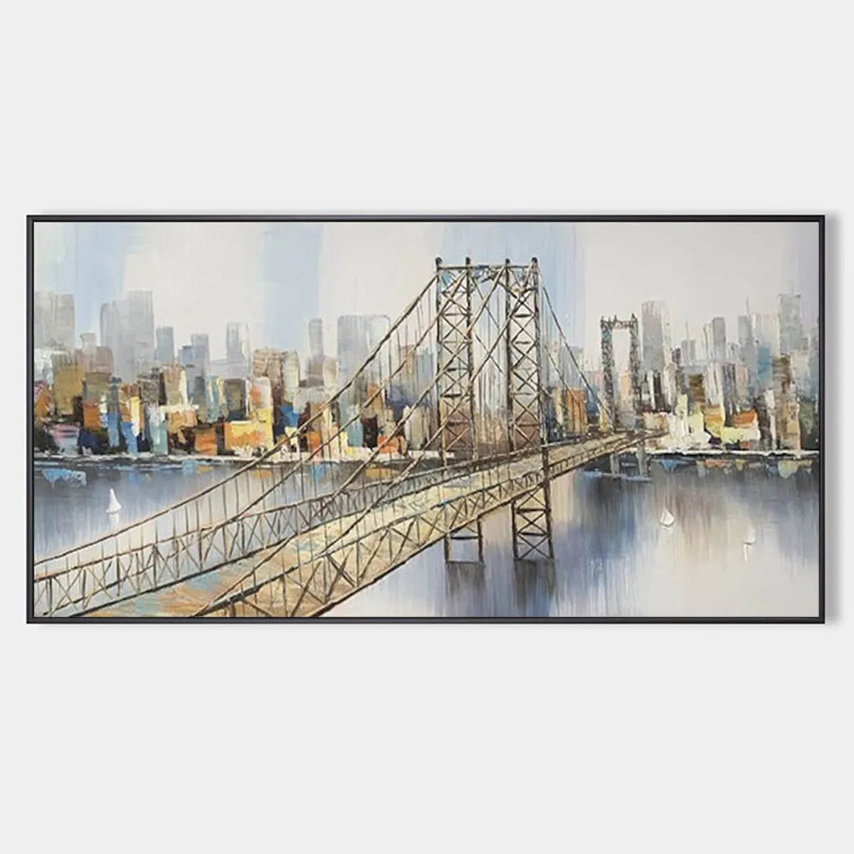 Panoramic Cityscape Oil Painting with Bridge
