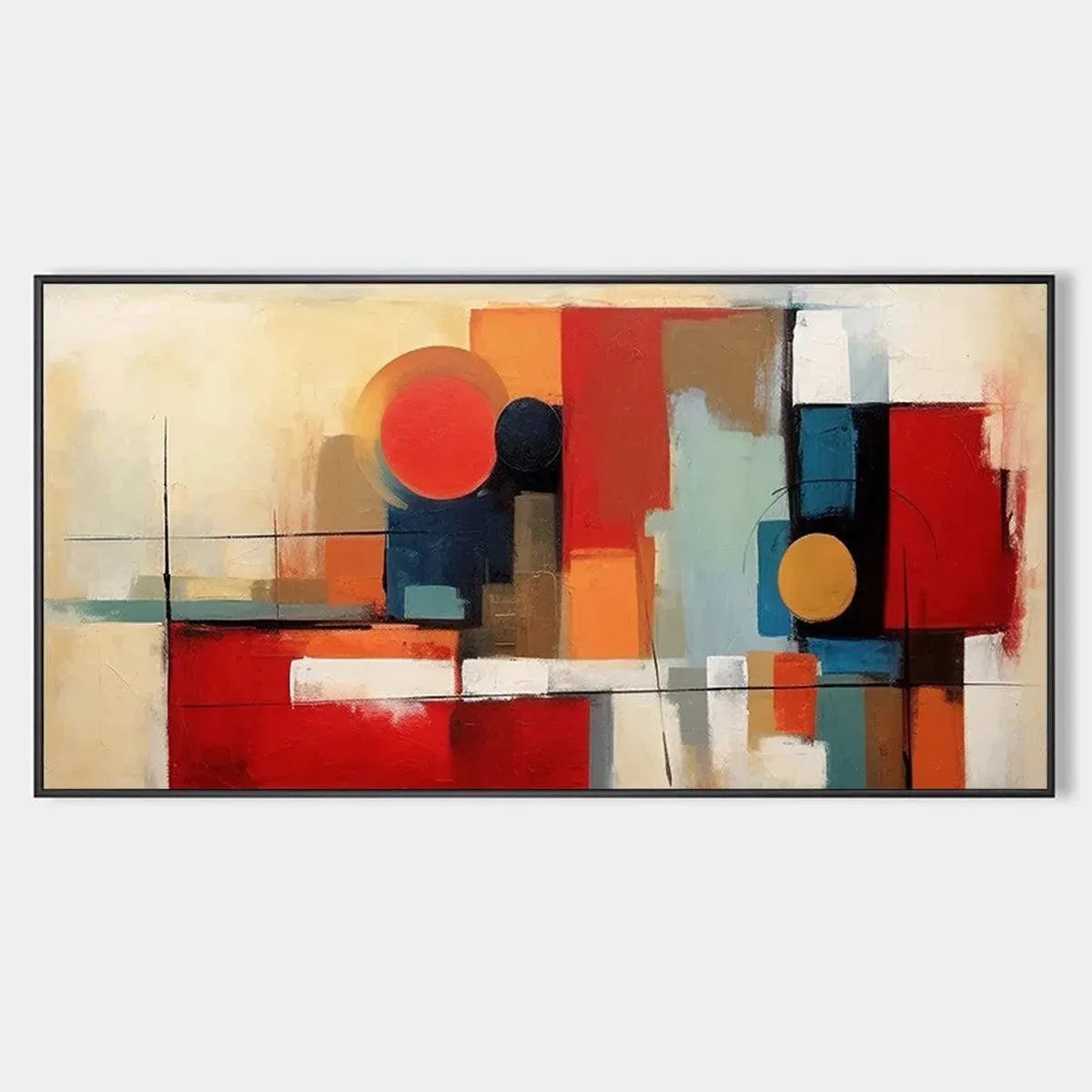 URBAN GEOMETRY original abstract painting with red gold geometric shapes and clean lines in black frame.