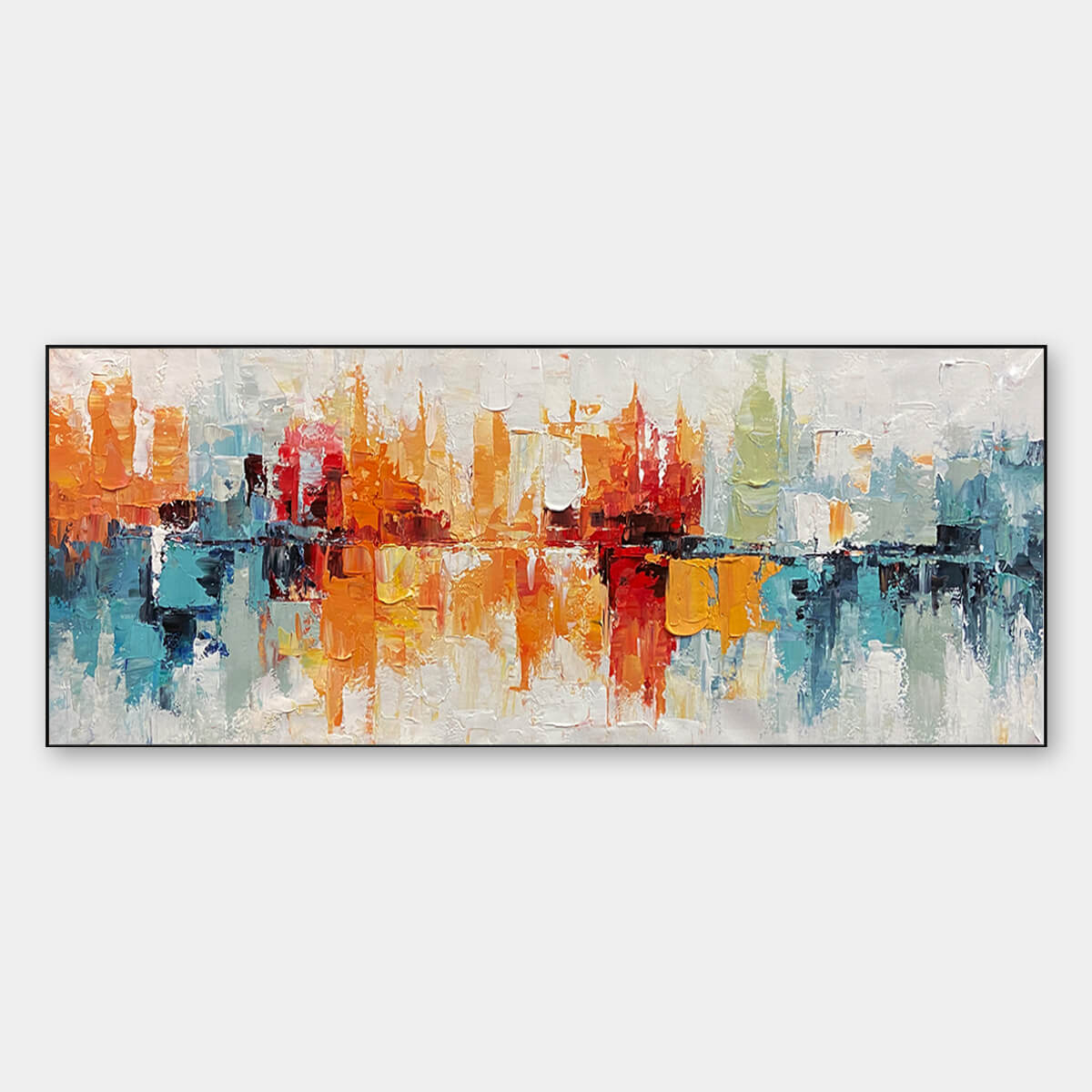 Urban Reflections: Abstract Cityscape Impasto Oil Painting Canvas Wall Art Decor