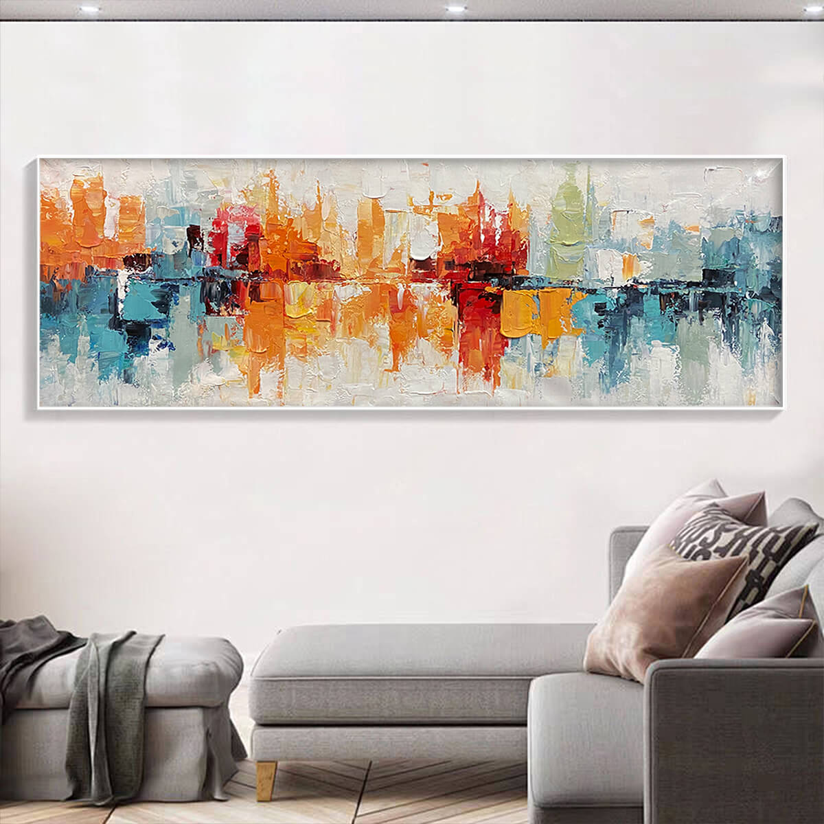 Urban Reflections: Abstract Cityscape Impasto Oil Painting Canvas Wall Art Decor