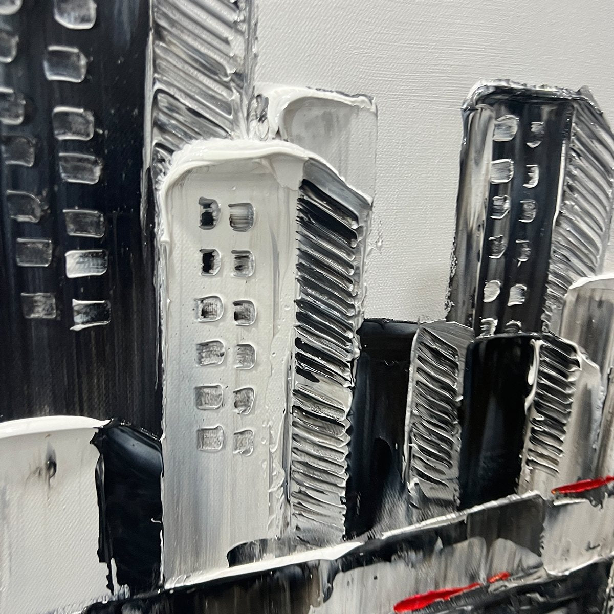 URBAN ROMANCE: Textured Cityscape Oil Painting in Black and White