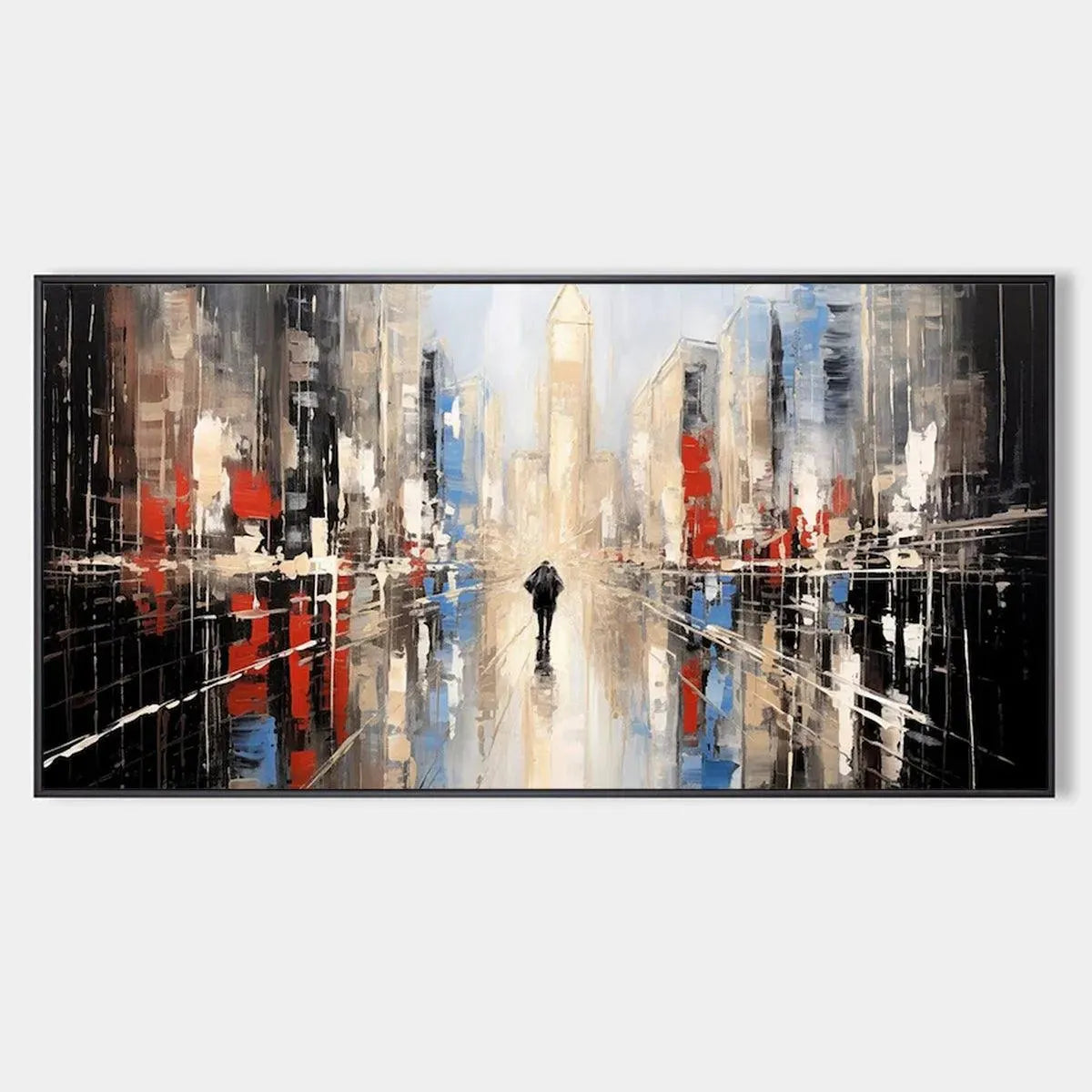 Urban Solitude abstract cityscape painting by Javier Ramirez. Solitary figure on wet street with red & blue details.