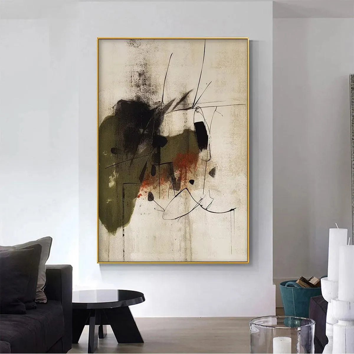 Liam O'Connell minimalist abstract painting with earthy tones, gold frame, vertical wall art.