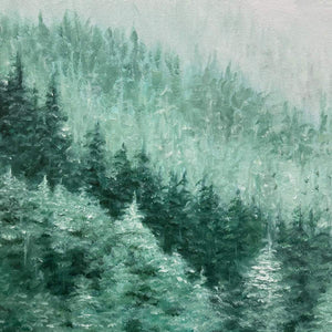 VALLEY OF THE EVERGREENS: Panoramic Evergreen Forest Landscape Oil Painting
