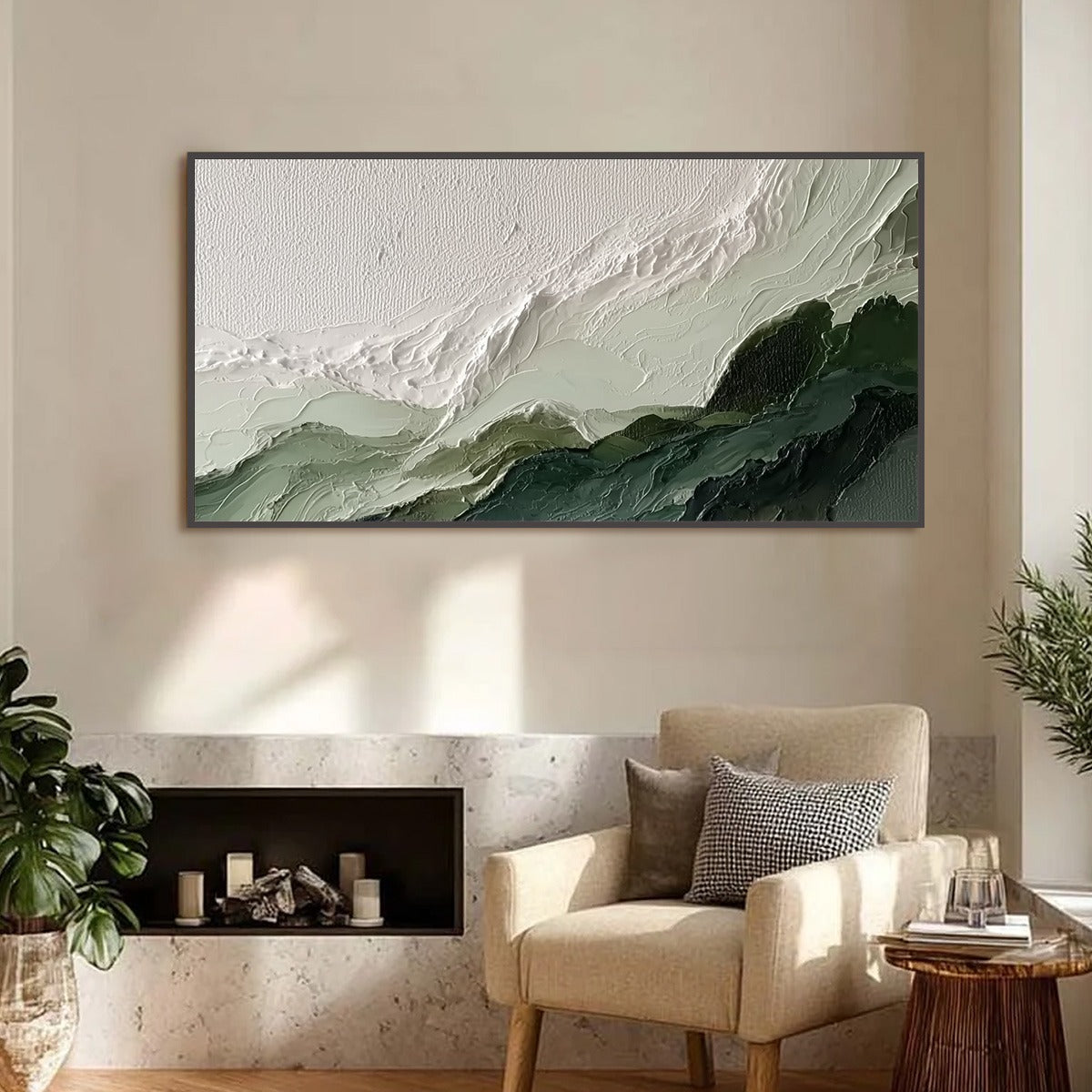 VERDANT ASCENT: Textured Wabi Sabi Mountain Landscape Painting