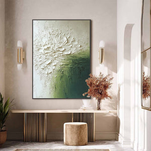 VERDANT BLOOM: Textured Green and White Wabi Sabi Abstract Painting