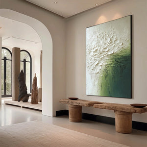 VERDANT BLOOM: Textured Green and White Wabi Sabi Abstract Painting
