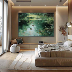 VERDANT DRIFT: Impressionistic Green Pond with Ducks Oil Painting