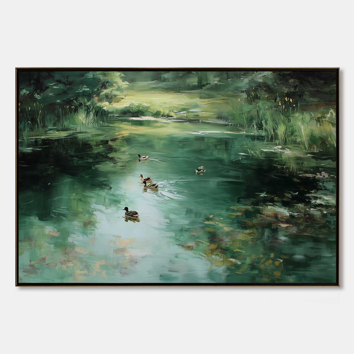 VERDANT DRIFT: Impressionistic Green Pond with Ducks Oil Painting