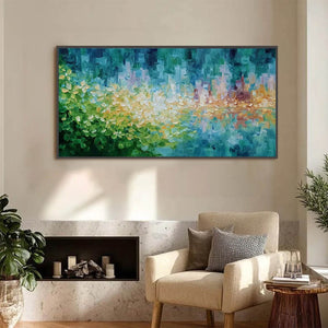 VERDANT ECHO: Textured Impasto Painting of a Lakeside Reflection