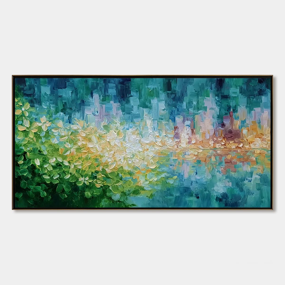 VERDANT ECHO: Textured Impasto Painting of a Lakeside Reflection