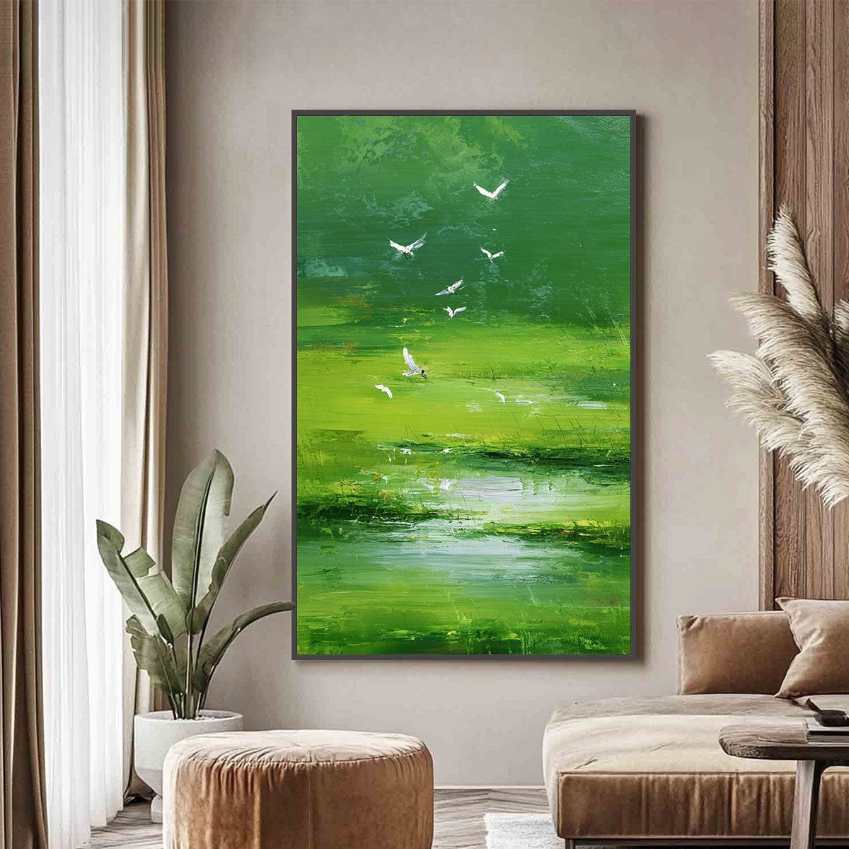 VERDANT FLIGHT: Textured Green Landscape Painting of a Serene Marsh
