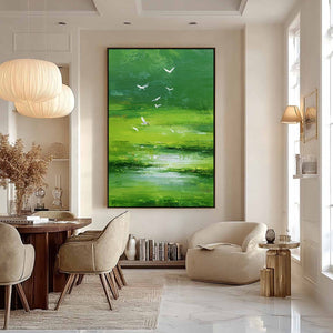 VERDANT FLIGHT: Textured Green Landscape Painting of a Serene Marsh