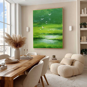 VERDANT FLIGHT: Textured Green Landscape Painting of a Serene Marsh