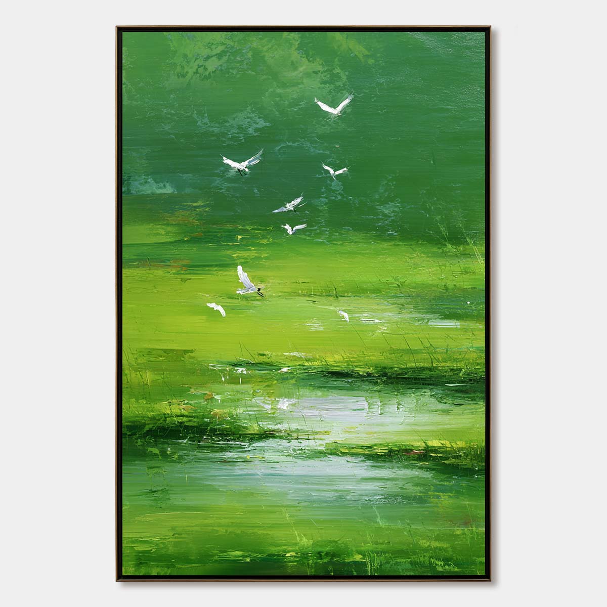 Verdant Flight: Green Abstract Landscape Oil Painting with Birds