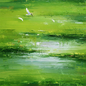 VERDANT FLIGHT: Textured Green Landscape Painting of a Serene Marsh