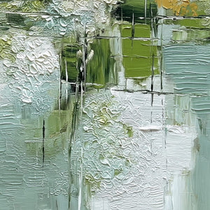 VERDANT GRID: Textured Green and White Wabi Sabi Abstract Painting