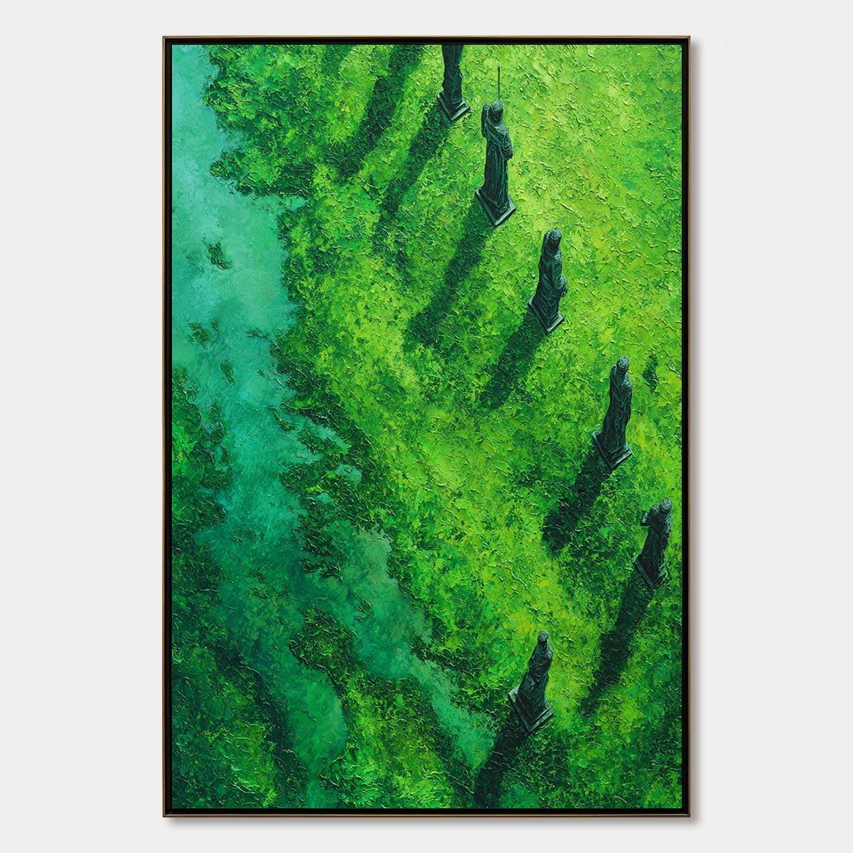 VERDANT GUARDIANS: Textured Vertical Abstract Painting of Ancient Sentinels