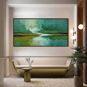 VERDANT HORIZON: Textured Abstract Landscape Painting in Green and Gold