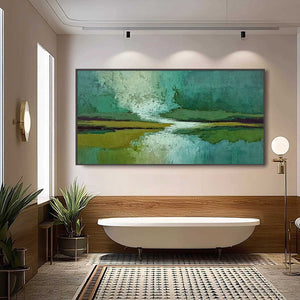 VERDANT HORIZON: Textured Abstract Landscape Painting in Green and Gold