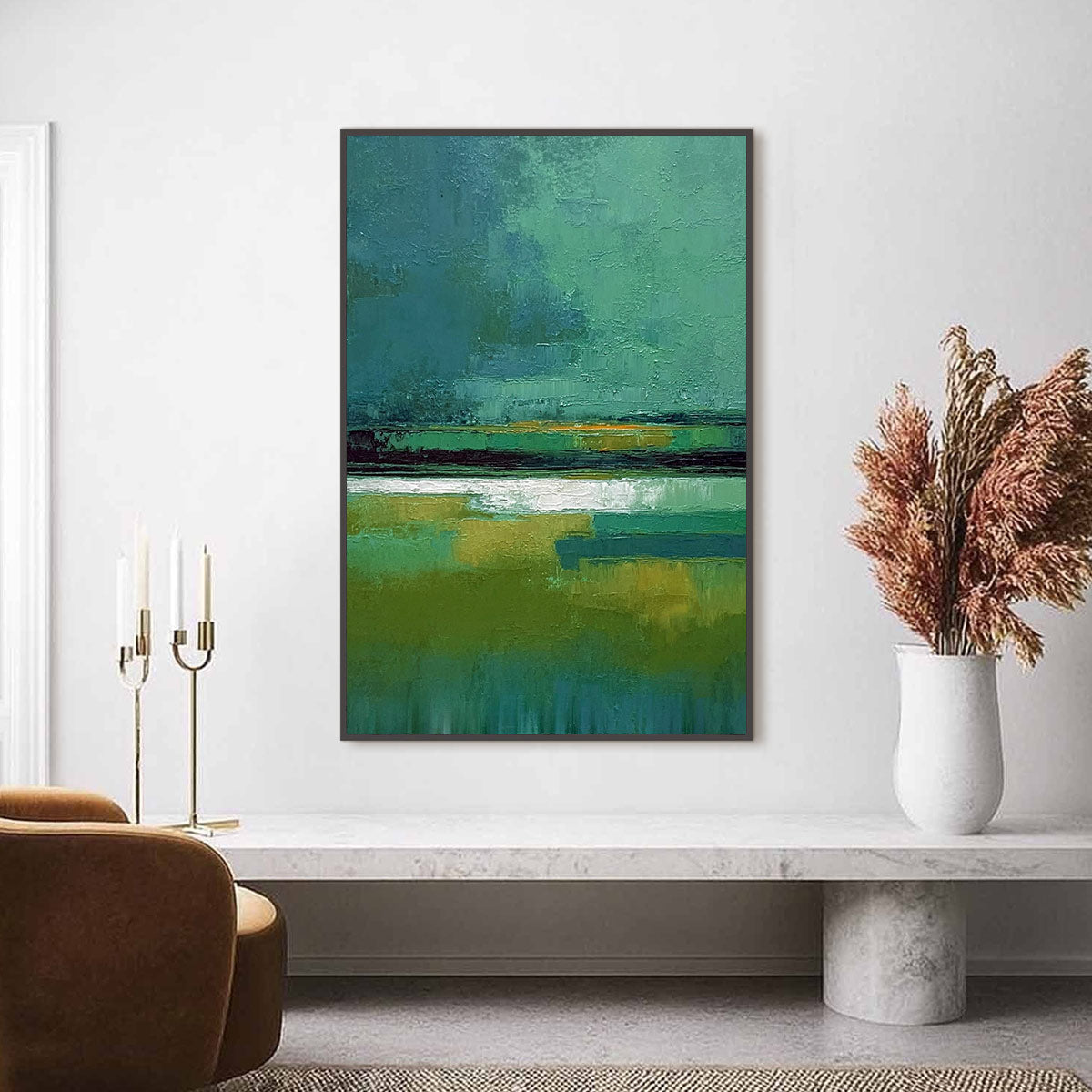 VERDANT HORIZON: Textured Wabi Sabi Abstract Landscape Painting