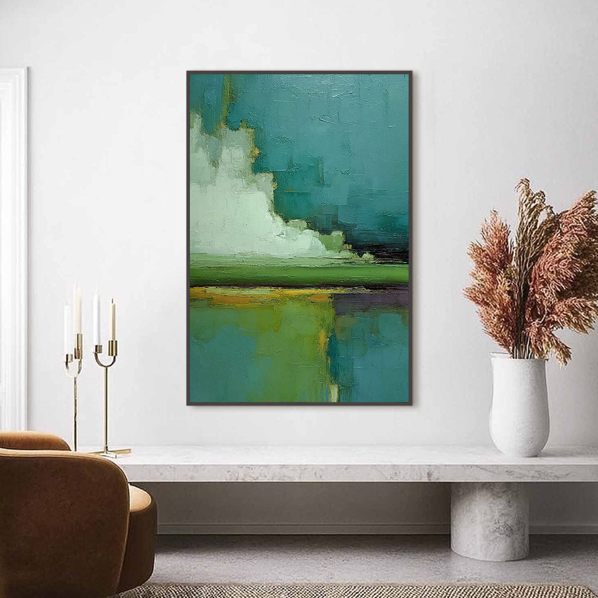 VERDANT HORIZON: Vertical Textured Abstract Landscape Oil Painting