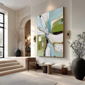 VERDANT NEXUS: Textured Abstract Painting with Green and Blue Hues