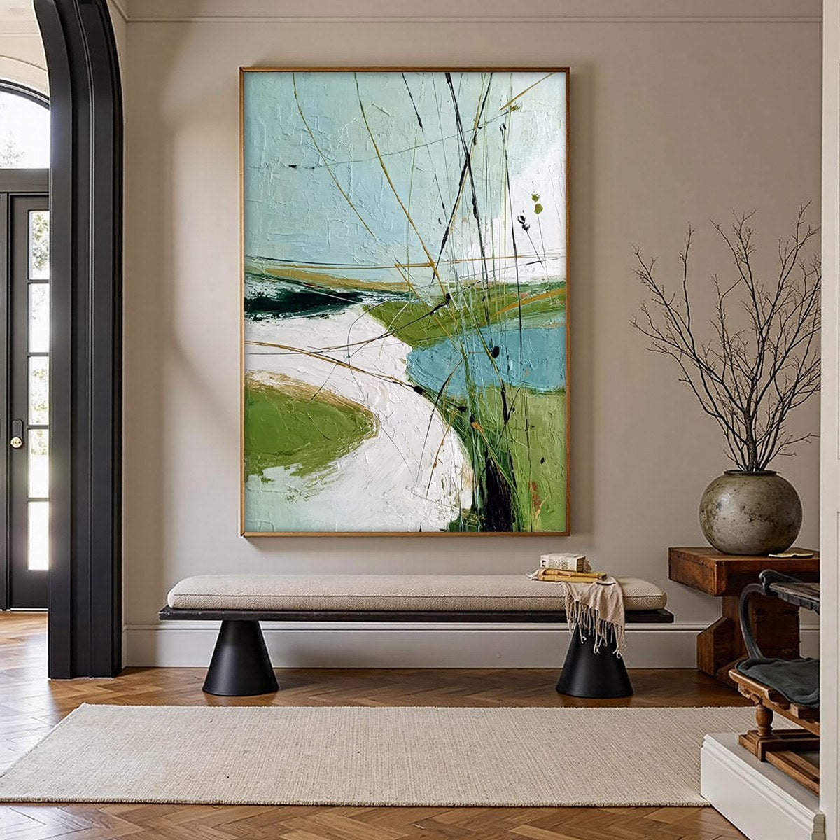 VERDANT PATH: Textured Abstract Green and White Landscape Painting