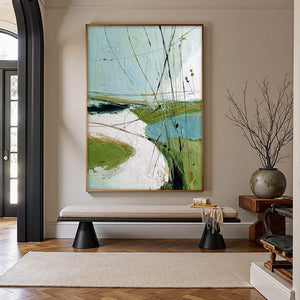 VERDANT PATH: Textured Abstract Green and White Landscape Painting