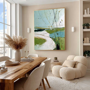 VERDANT PATH: Textured Abstract Green and White Landscape Painting